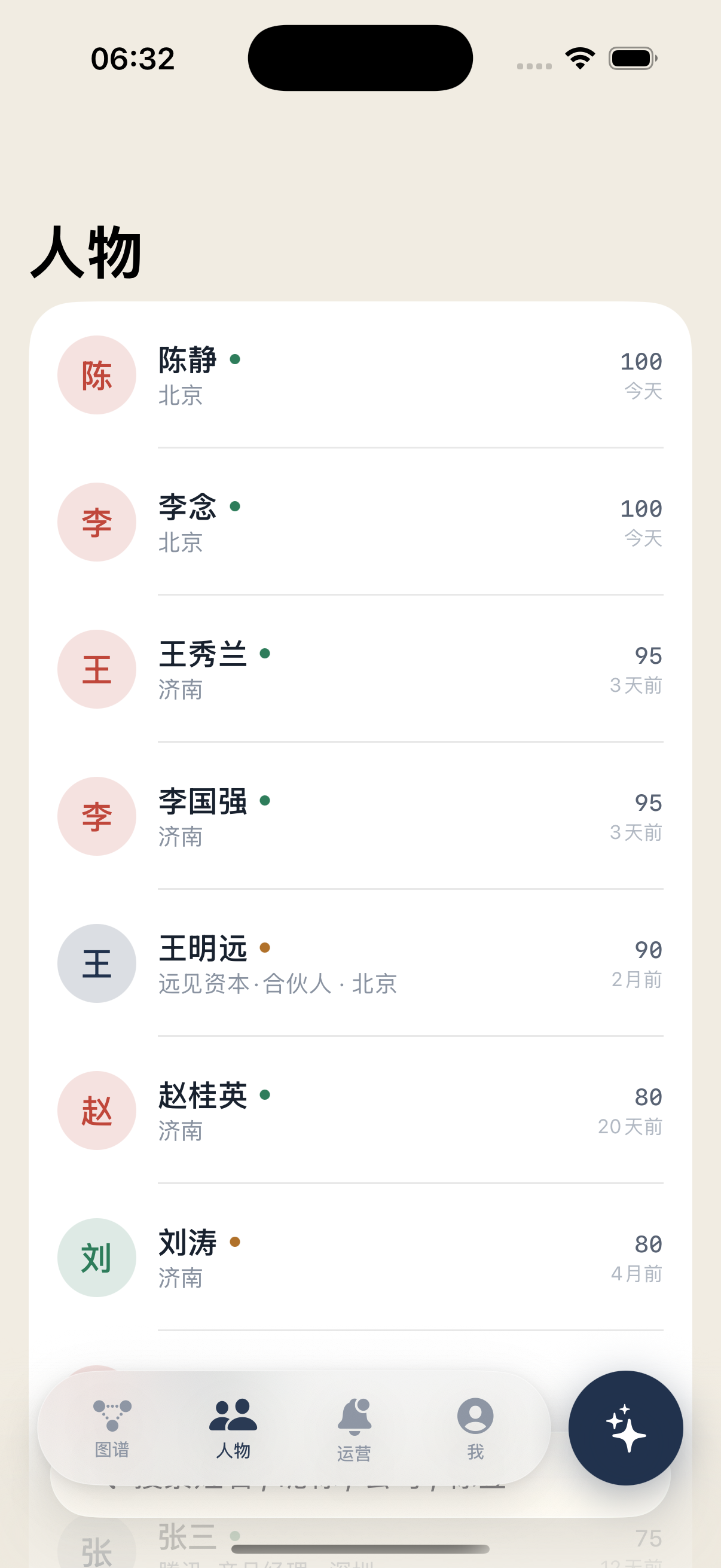 Orbit 人物列表:每位联系人显示城市、亲密度分数和上次联系时间。